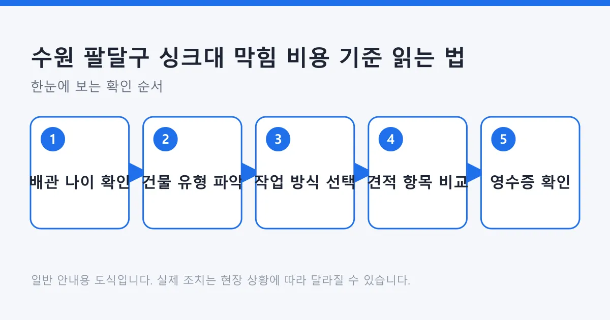 싱크대 막힘 견적을 배관 나이와 건물 유형부터 영수증 확인까지 다섯 단계로 정리한 도식