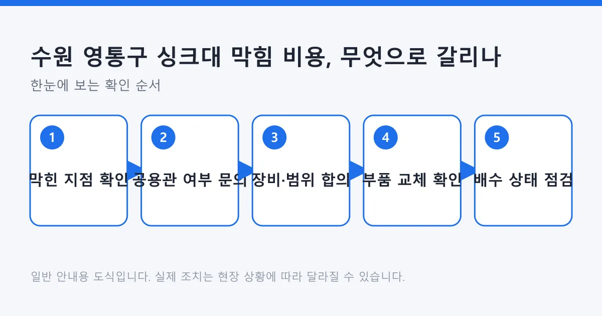 싱크대 막힘 비용을 가늠하는 순서를 막힌 지점 확인부터 배수 상태 점검까지 다섯 단계로 정리한 도식
