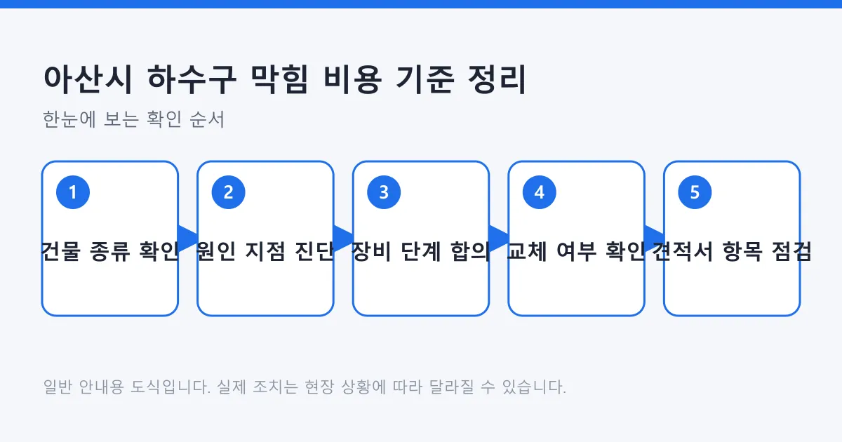 하수구 막힘 비용을 가늠하는 과정을 건물 종류 확인부터 견적서 항목 점검까지 다섯 단계로 나타낸 도식