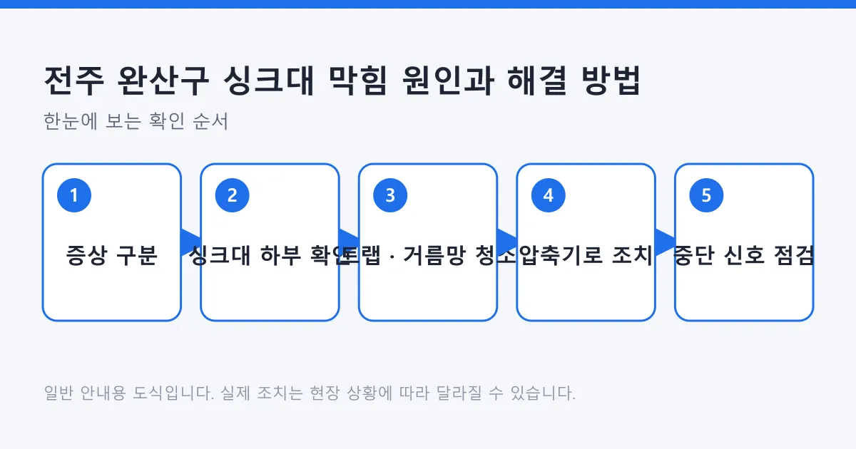 싱크대 막힘을 증상 구분부터 하부 확인, 트랩 청소, 압축기 조치, 중단 신호 점검까지 순서대로 보여 주는 5단계 흐름도