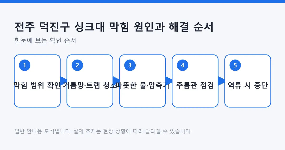 싱크대 막힘을 범위 확인부터 트랩 청소, 압축기 사용, 주름관 점검, 역류 시 작업 중단까지 다섯 단계로 정리한 도식