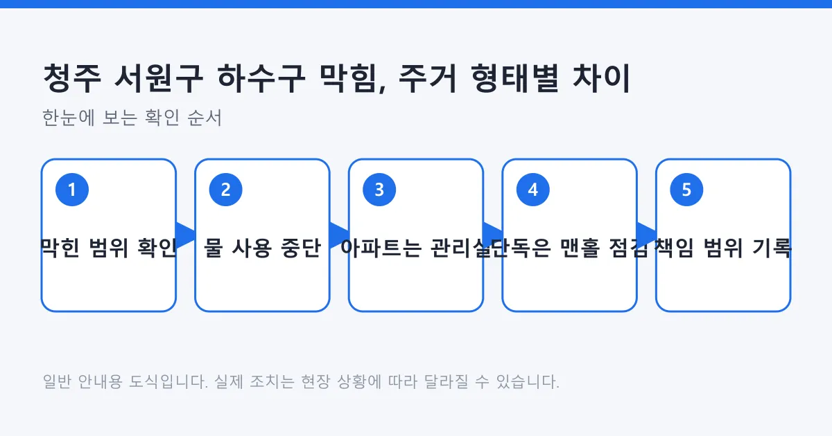 하수구 막힘 발생 시 막힌 범위 확인부터 주거 형태별 연락과 책임 범위 기록까지의 단계를 보여 주는 도식