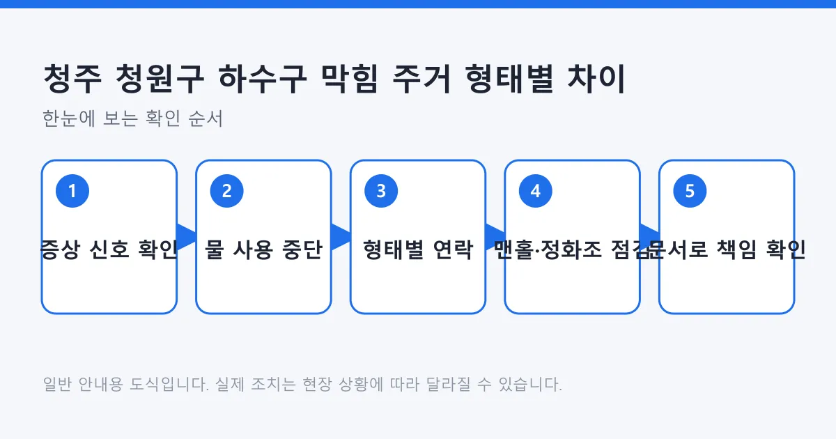 하수구 막힘 신호를 확인한 뒤 주거 형태에 따라 연락하고 책임 범위를 문서로 확인하는 과정을 정리한 도식