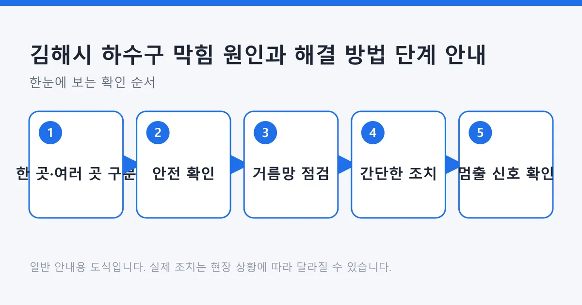 막힌 범위 구분부터 안전 확인, 점검, 조치, 중단 신호까지 하수구 막힘 대처 순서를 나타낸 도식