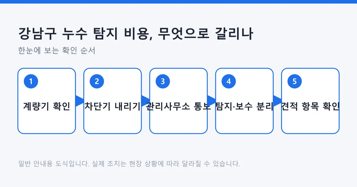 누수 의심 시 계량기 확인부터 견적 항목 확인까지의 다섯 단계를 정리한 도식