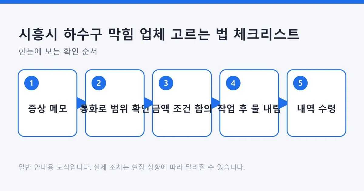 하수구 막힘 업체에 연락할 때 증상 메모부터 작업 내역 수령까지의 다섯 단계 도식