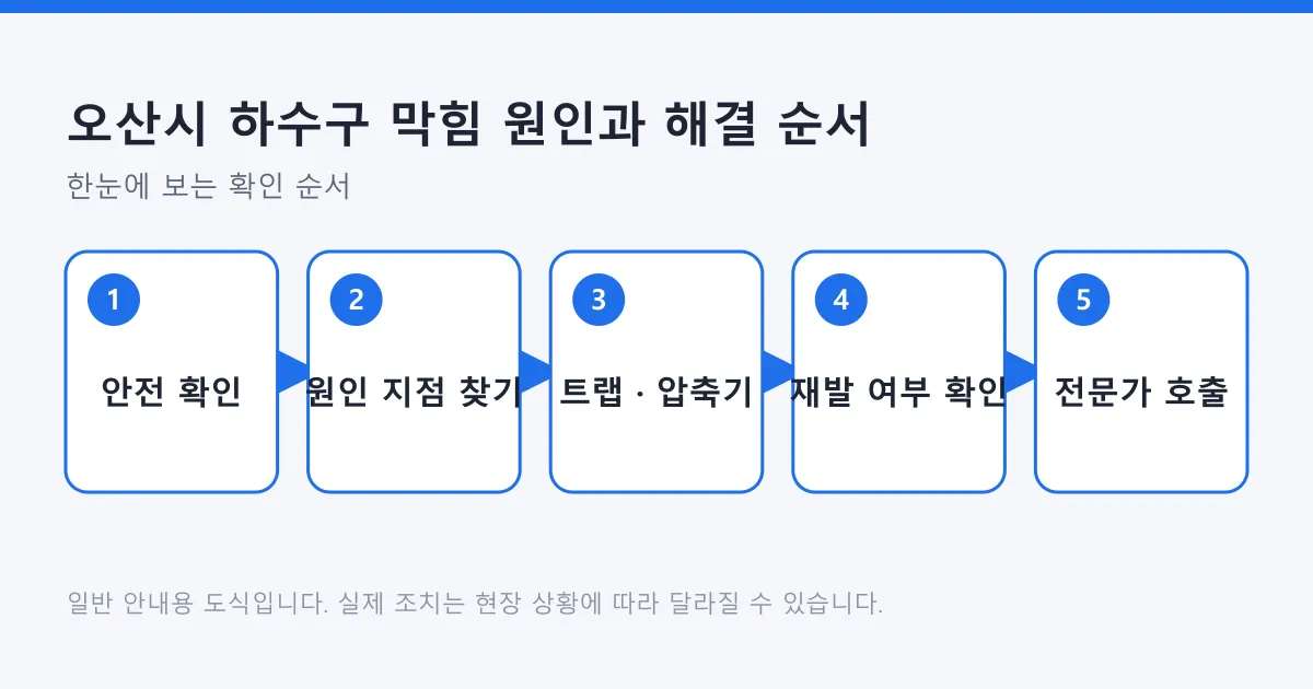 하수구 막힘 대응을 안전 확인, 원인 지점 찾기, 간단한 조치, 재발 확인, 전문가 호출 순서로 정리한 도식