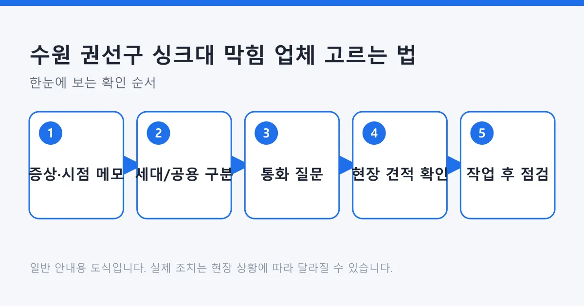 싱크대 막힘 증상과 시점을 메모하고 세대 내인지 공용관인지 구분한 뒤 통화로 질문하고 현장 견적을 확인해 작업 후 점검하는 순서를 보여주는 도식