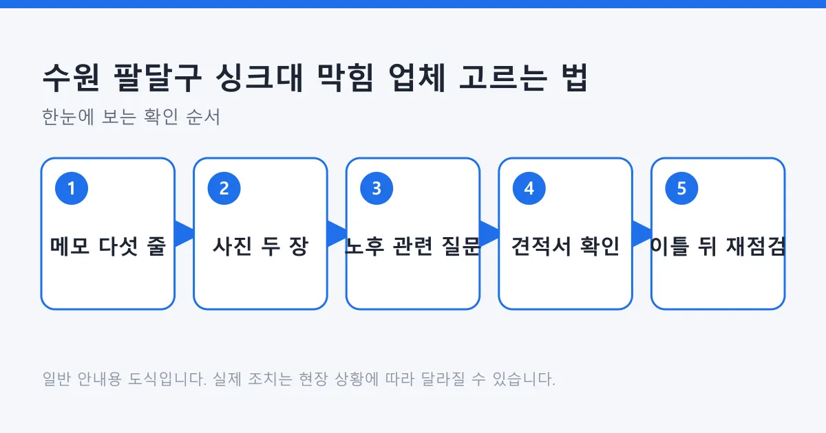 싱크대 막힘 증상을 메모하고 사진을 찍은 뒤 노후 배관 관련 질문과 견적서를 확인하고 작업 이틀 뒤 다시 점검하는 순서를 보여주는 도식