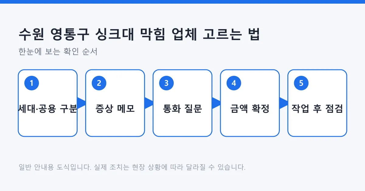 싱크대 막힘을 세대와 공용 구분, 증상 메모, 통화 질문, 금액 확정, 작업 후 점검 순으로 정리한 5단계 도식.
