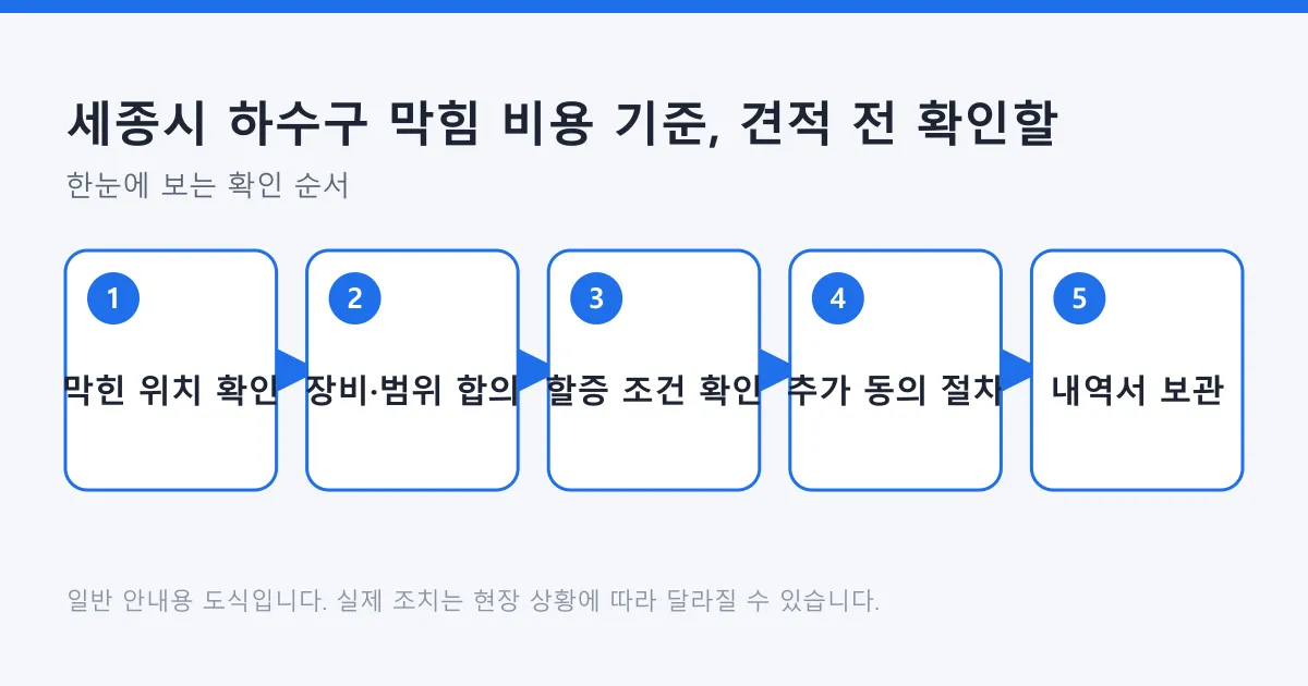 하수구 막힘 견적 과정을 막힌 위치 확인부터 범위 합의, 할증 조건, 추가 동의, 내역서 보관까지 다섯 단계로 정리한 도식
