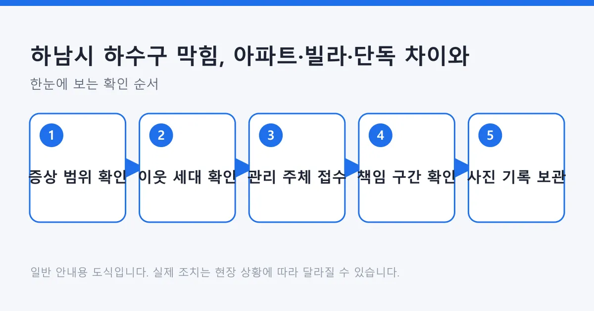하수구 막힘 시 증상 범위 확인부터 이웃 세대 확인, 관리 주체 접수, 책임 구간 확인, 기록 보관까지의 다섯 단계 도식