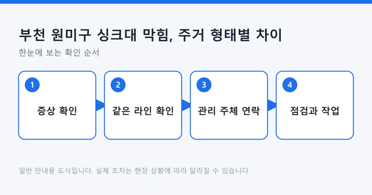 싱크대 막힘을 증상 확인, 같은 라인 확인, 관리 주체 연락, 점검과 작업 순서로 정리한 도식