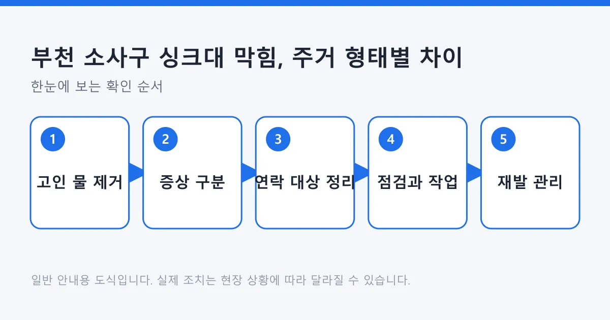 싱크대 막힘 대응을 고인 물 제거, 증상 구분, 연락 대상 정리, 점검과 작업, 재발 관리 다섯 단계로 정리한 도식