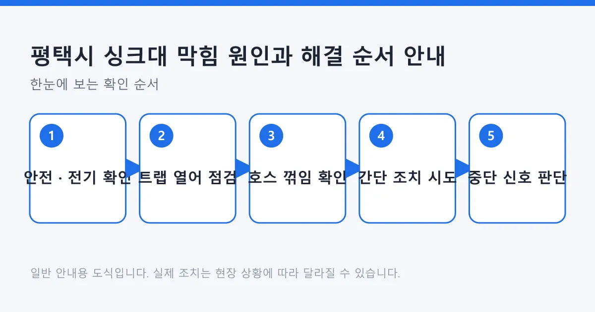 싱크대 막힘을 안전 확인부터 트랩 점검, 간단한 조치, 중단 판단까지 다섯 단계로 정리한 도식
