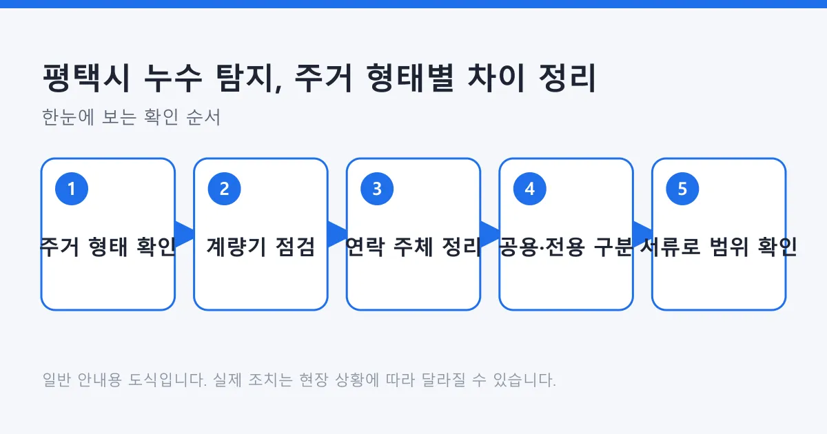 주거 형태를 확인한 뒤 계량기 점검과 연락 주체 정리를 거쳐 책임 범위를 서류로 확인하는 다섯 단계 도식