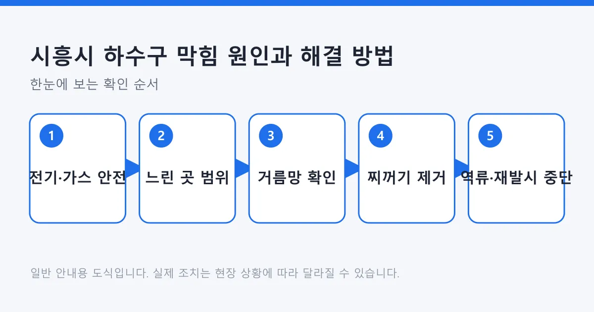 하수구 막힘 대응을 안전 확인부터 전문가 호출 판단까지 다섯 단계로 정리한 도식