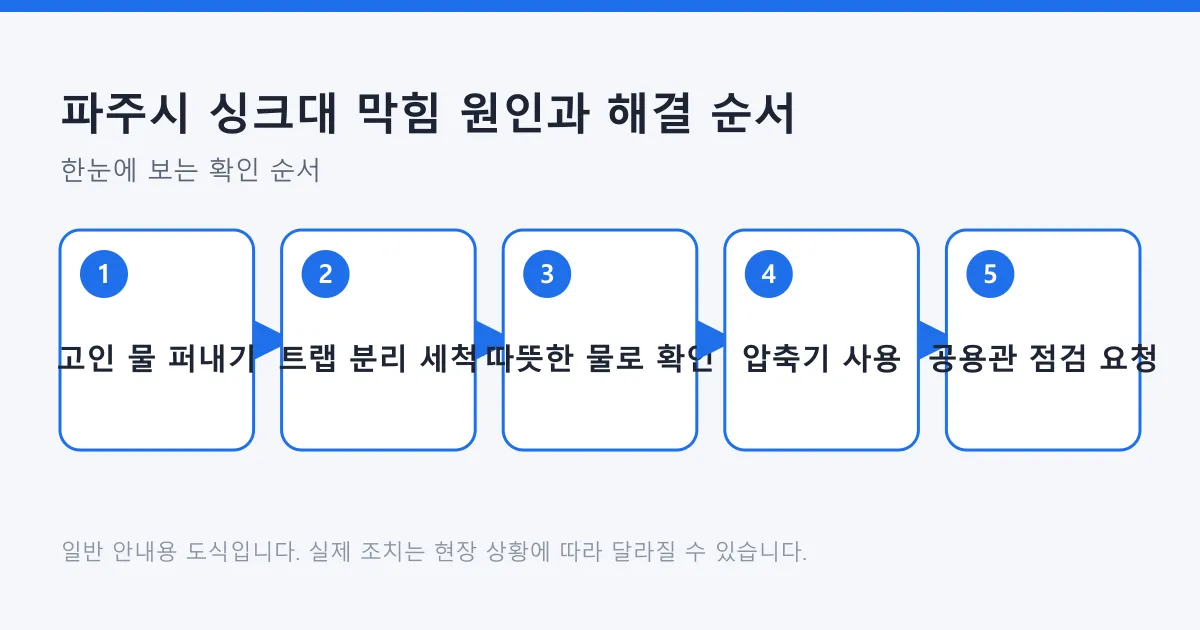 싱크대 막힘을 고인 물 제거부터 트랩 세척, 흐름 확인, 압축기 사용, 공용 배수관 점검 요청까지 다섯 단계로 정리한 도식입니다.