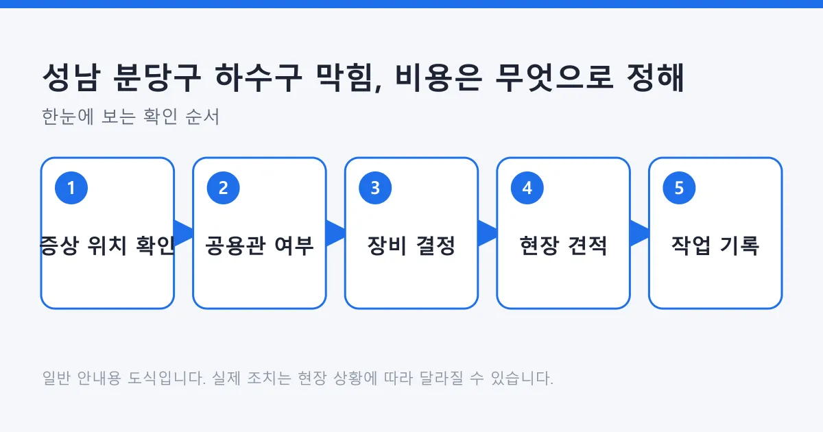 증상 위치 확인부터 작업 기록까지 하수구 막힘 비용이 정해지는 과정을 5단계로 나타낸 도식