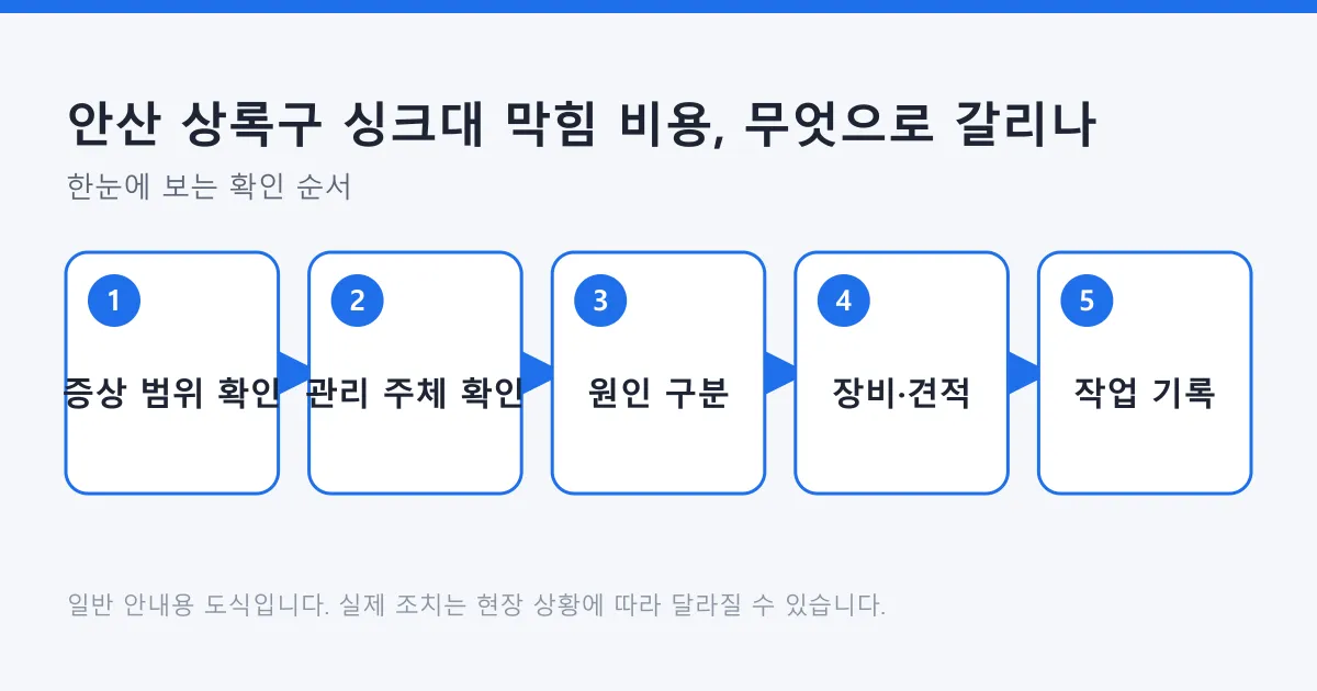 증상 범위 확인부터 작업 기록까지 싱크대 막힘 비용이 정해지는 과정을 5단계로 나타낸 도식