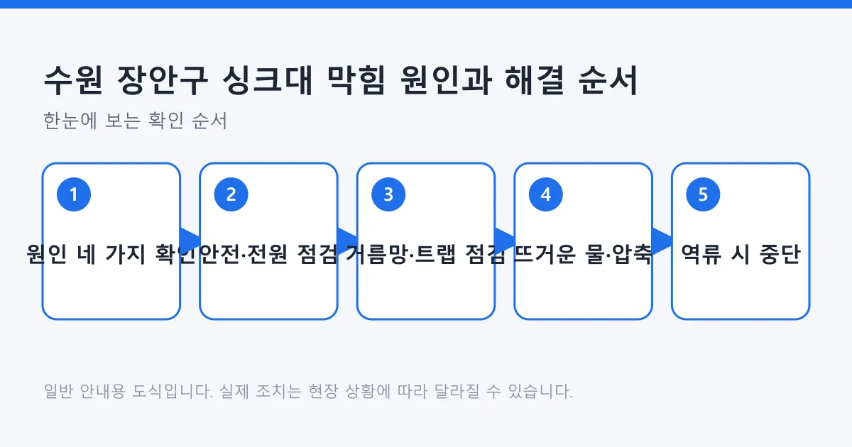 싱크대 막힘을 원인 확인, 안전 점검, 트랩 점검, 간단한 조치, 중단 신호 순서로 다루는 단계별 도식
