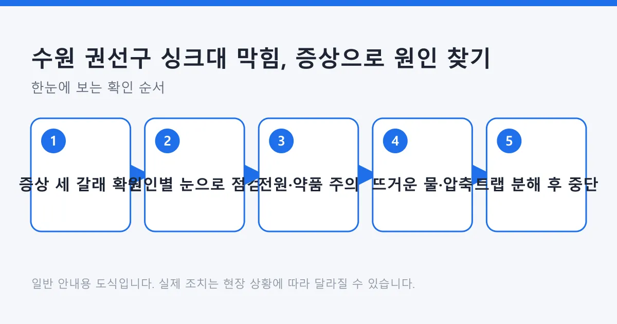 싱크대 막힘 증상을 나눠 원인을 좁히고 점검과 조치를 거쳐 중단 기준까지 이어지는 단계 도식