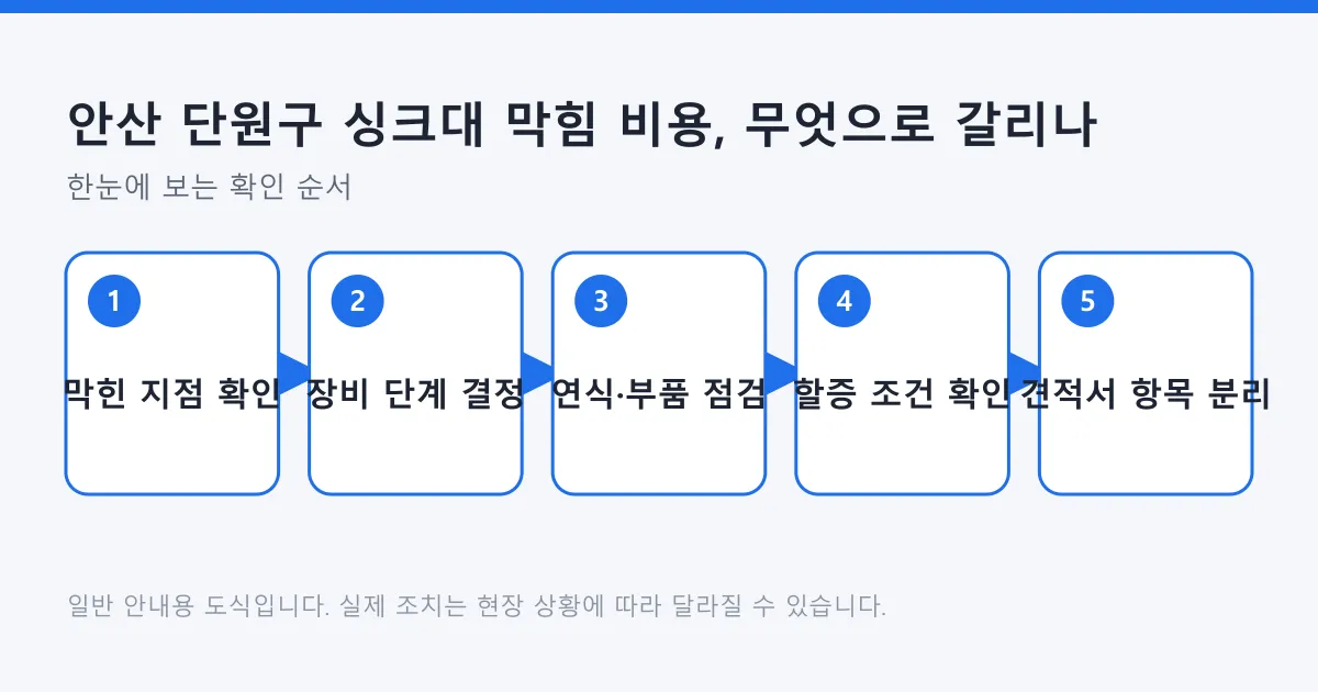싱크대 막힘 비용이 막힌 지점, 장비 단계, 배관 연식, 할증 조건, 견적서 항목 순으로 결정되는 과정을 보여주는 도식
