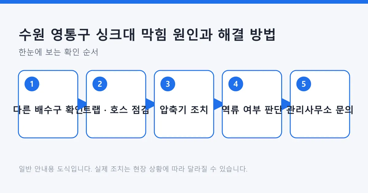 싱크대 막힘이 세대 안 문제인지 공용 배수관 문제인지 가려 가는 다섯 단계 확인 흐름도