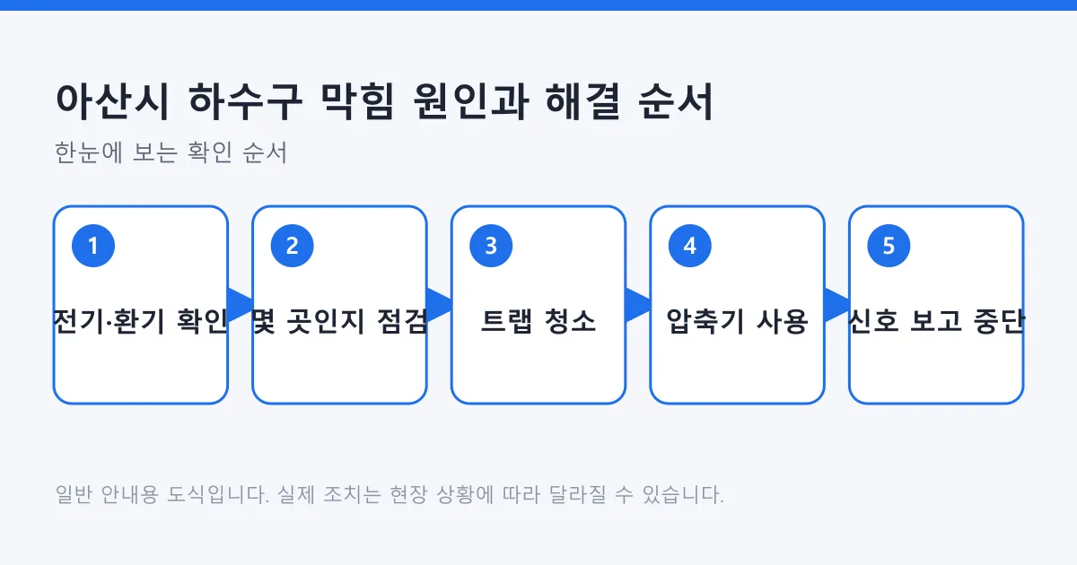 하수구 막힘을 안전 확인부터 전문가 호출 판단까지 다섯 단계로 정리한 도식