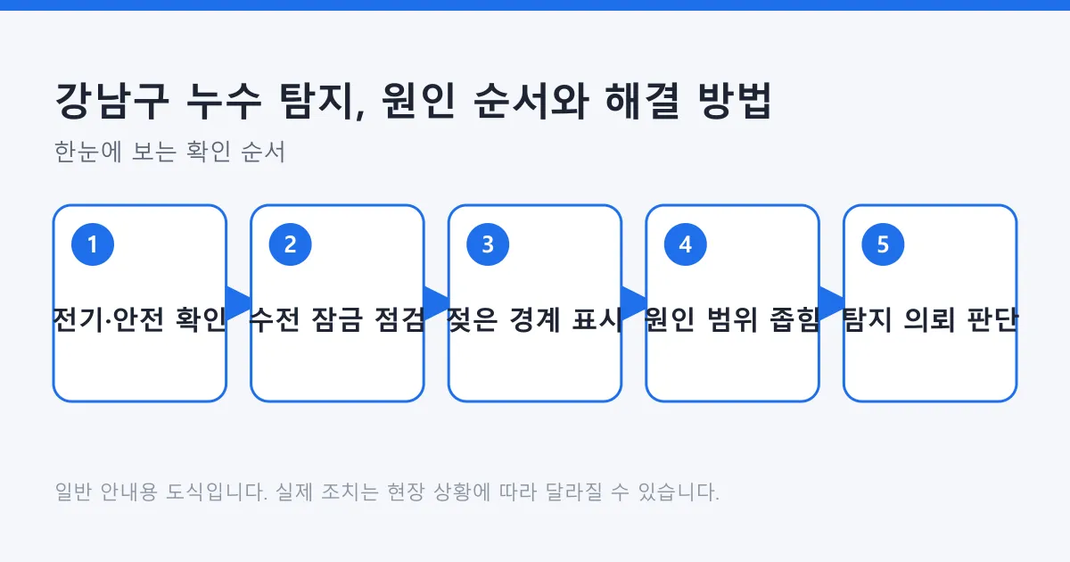 누수 의심 상황에서 안전 확인부터 탐지 의뢰 판단까지 점검 순서를 보여 주는 도식