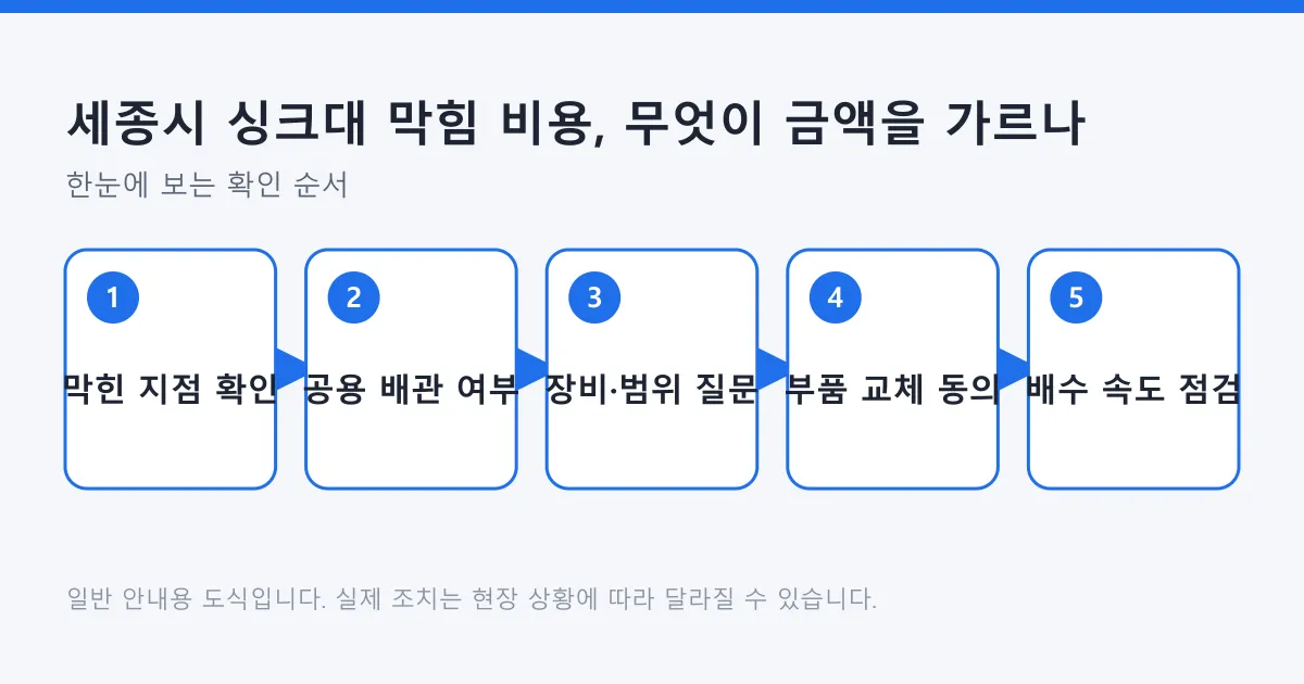 싱크대 막힘 견적을 받기 전 막힌 지점과 작업 범위를 확인하는 순서를 단계로 보여 주는 도식