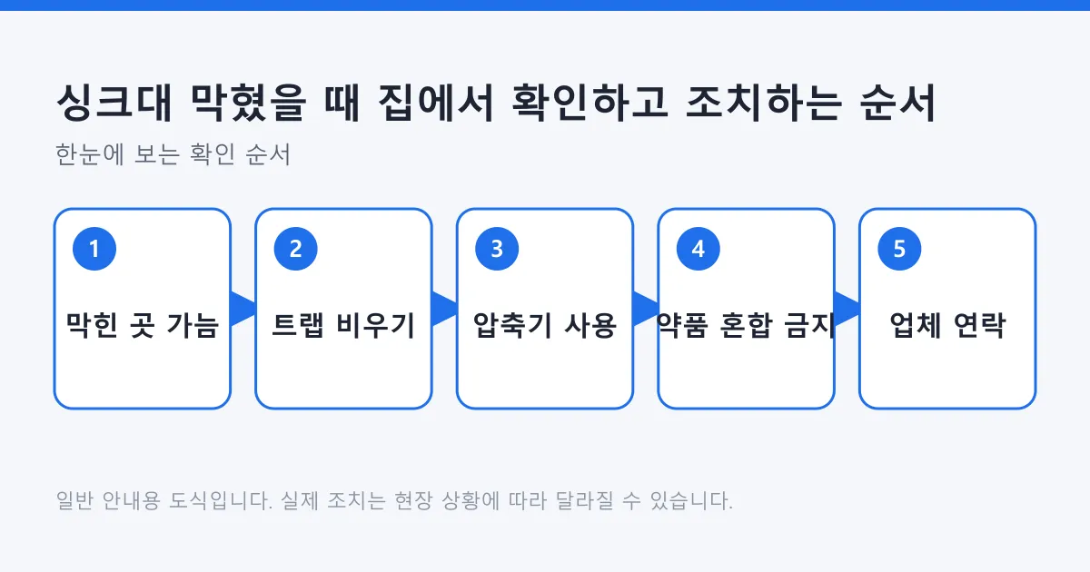 싱크대 막힘을 확인하고 조치하는 다섯 단계를 순서대로 보여 주는 도식