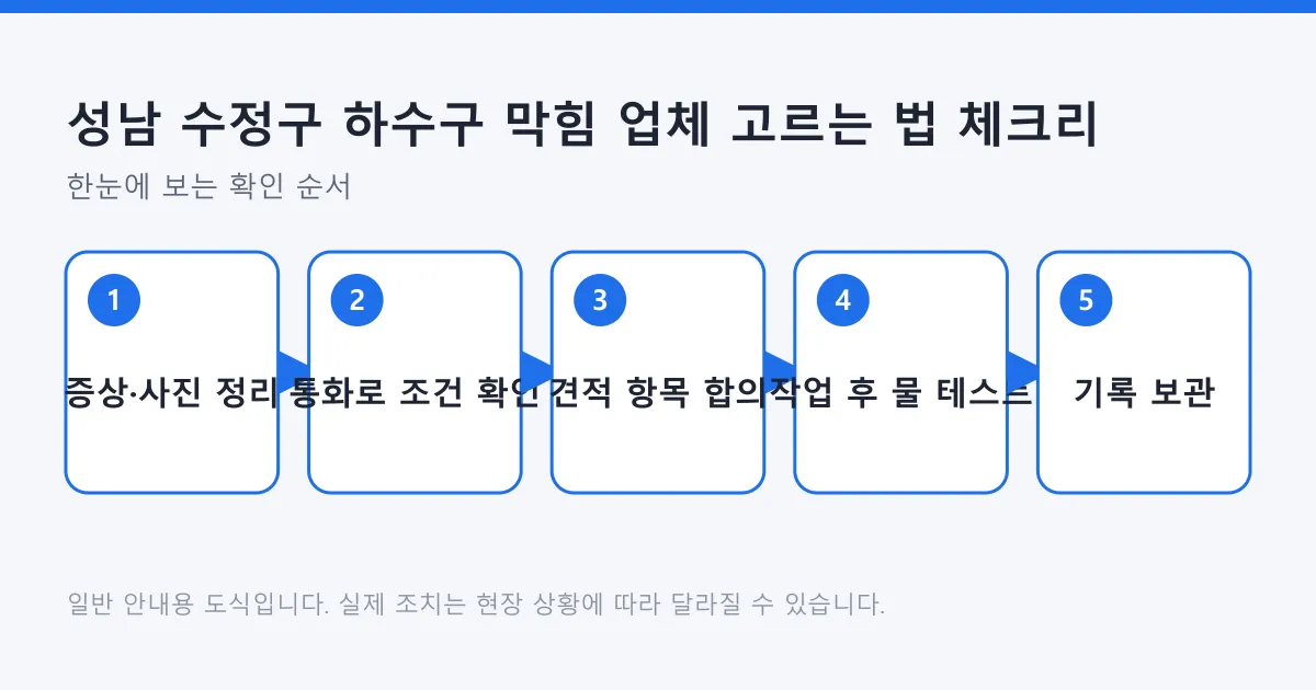 하수구 막힘 업체를 고르고 작업을 마칠 때까지의 다섯 단계를 보여 주는 도식