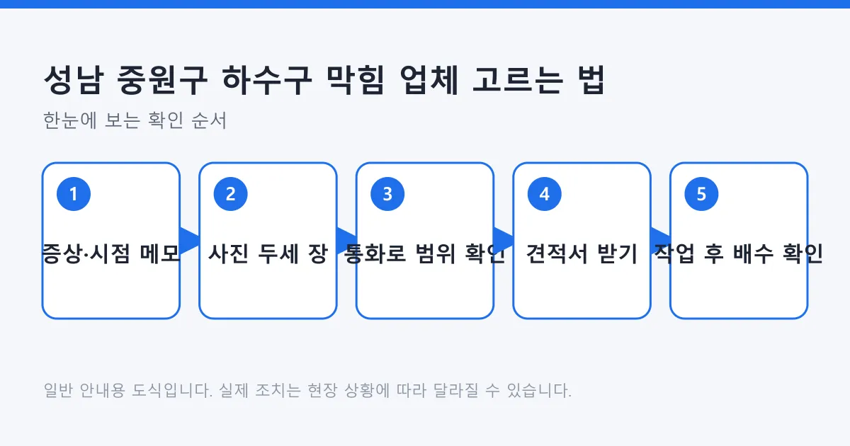 하수구 막힘 업체에 연락하기 전 증상 정리부터 작업 후 배수 확인까지의 다섯 단계를 보여 주는 도식