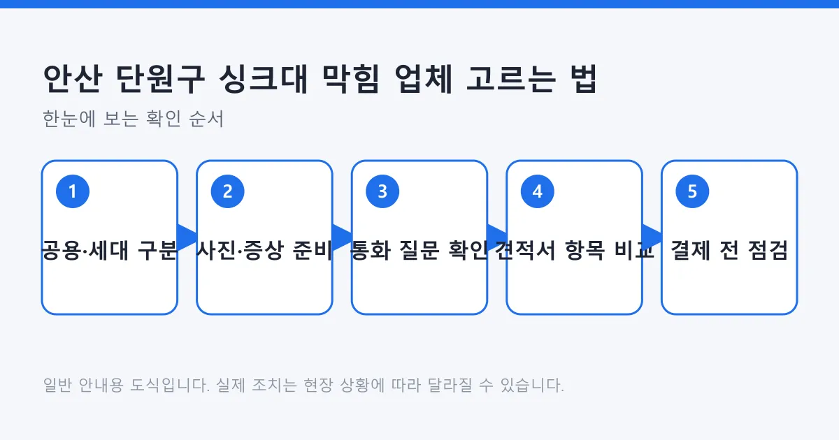 싱크대 막힘 업체 선택 과정을 구간 구분, 자료 준비, 통화 확인, 견적 비교, 결제 전 점검의 다섯 단계로 나타낸 도식