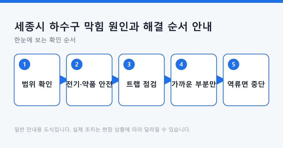 하수구 막힘을 범위 확인과 안전 점검부터 중단 신호까지 다섯 단계로 정리한 도식
