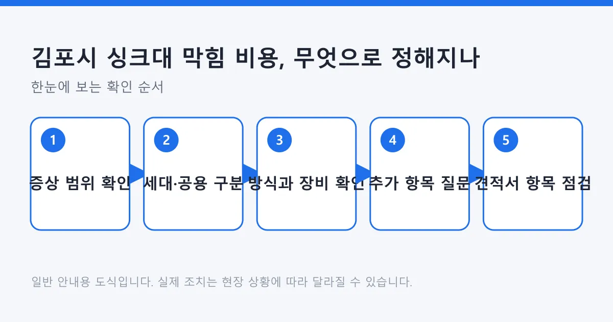 싱크대 막힘 비용을 가늠하는 순서를 증상 범위 확인부터 견적서 점검까지 다섯 단계로 정리한 도식