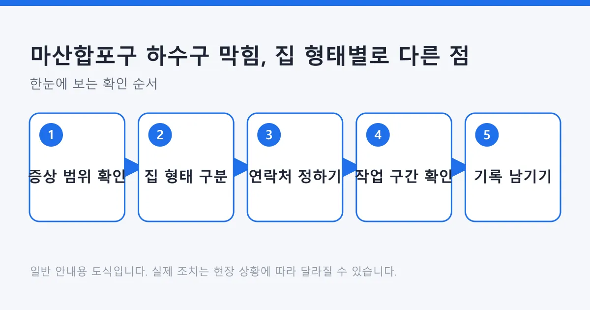 하수구 막힘이 생겼을 때 증상 범위 확인부터 기록 남기기까지 집 형태별 대응 순서를 정리한 도식