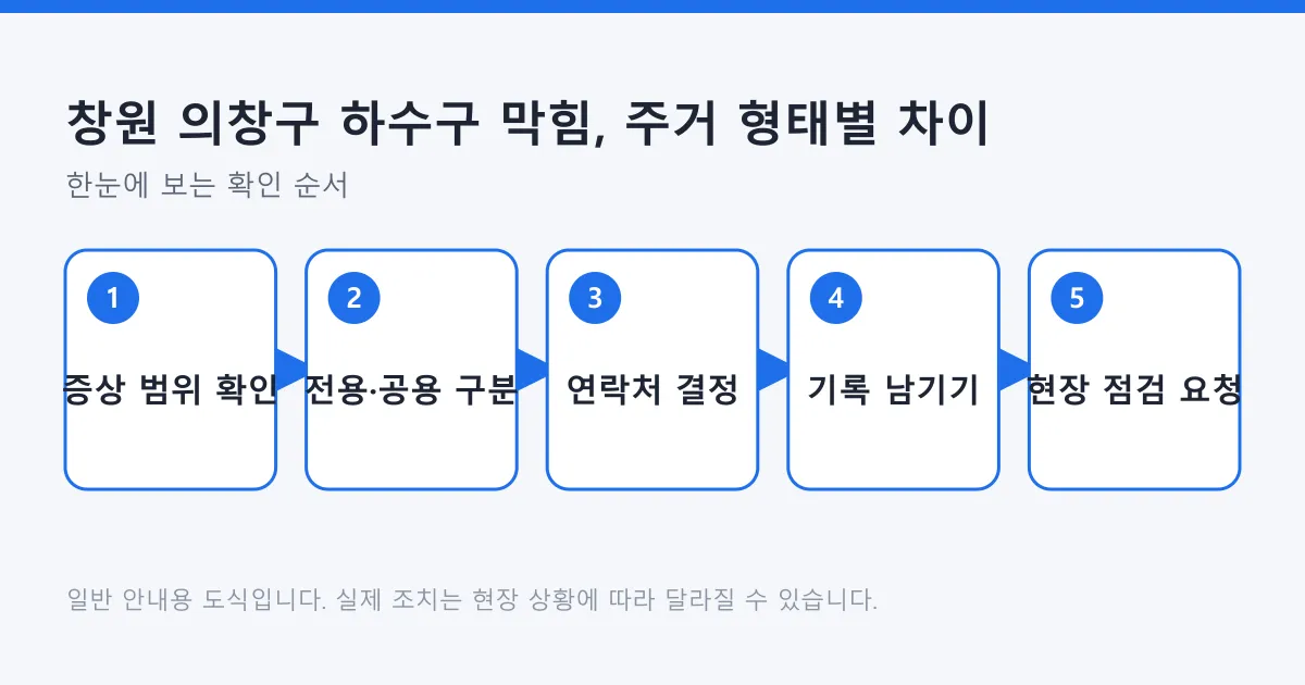 하수구 막힘 증상 범위 확인에서 전용·공용 배관 구분, 연락처 결정, 기록, 현장 점검 요청까지 이어지는 5단계 도식