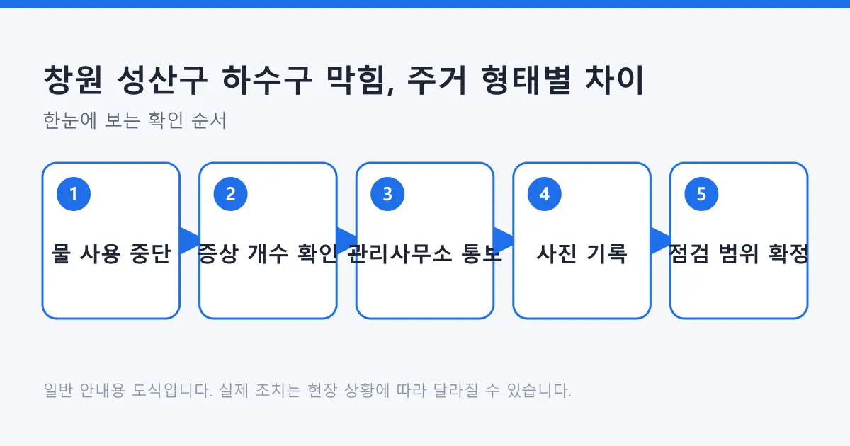 하수구 역류 시 물 사용 중단, 증상 확인, 관리사무소 통보, 사진 기록, 점검 범위 확정으로 이어지는 5단계 도식