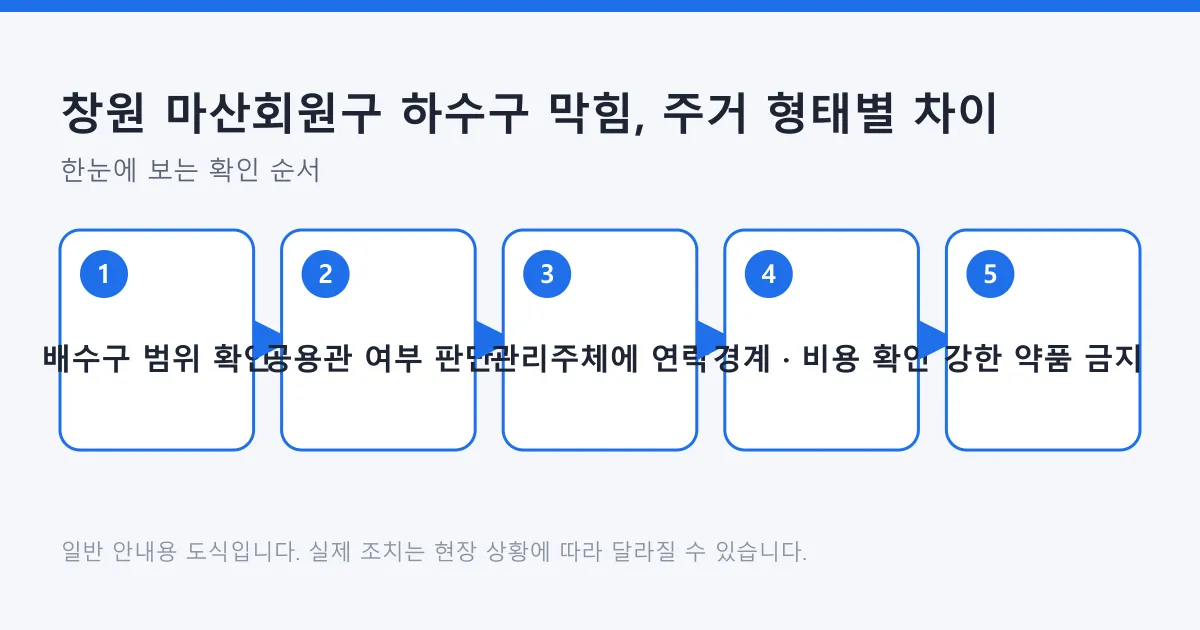 하수구 막힘 범위를 확인해 공용관 여부를 가리고 관리 주체에 연락하는 순서를 단계로 보여 주는 도식
